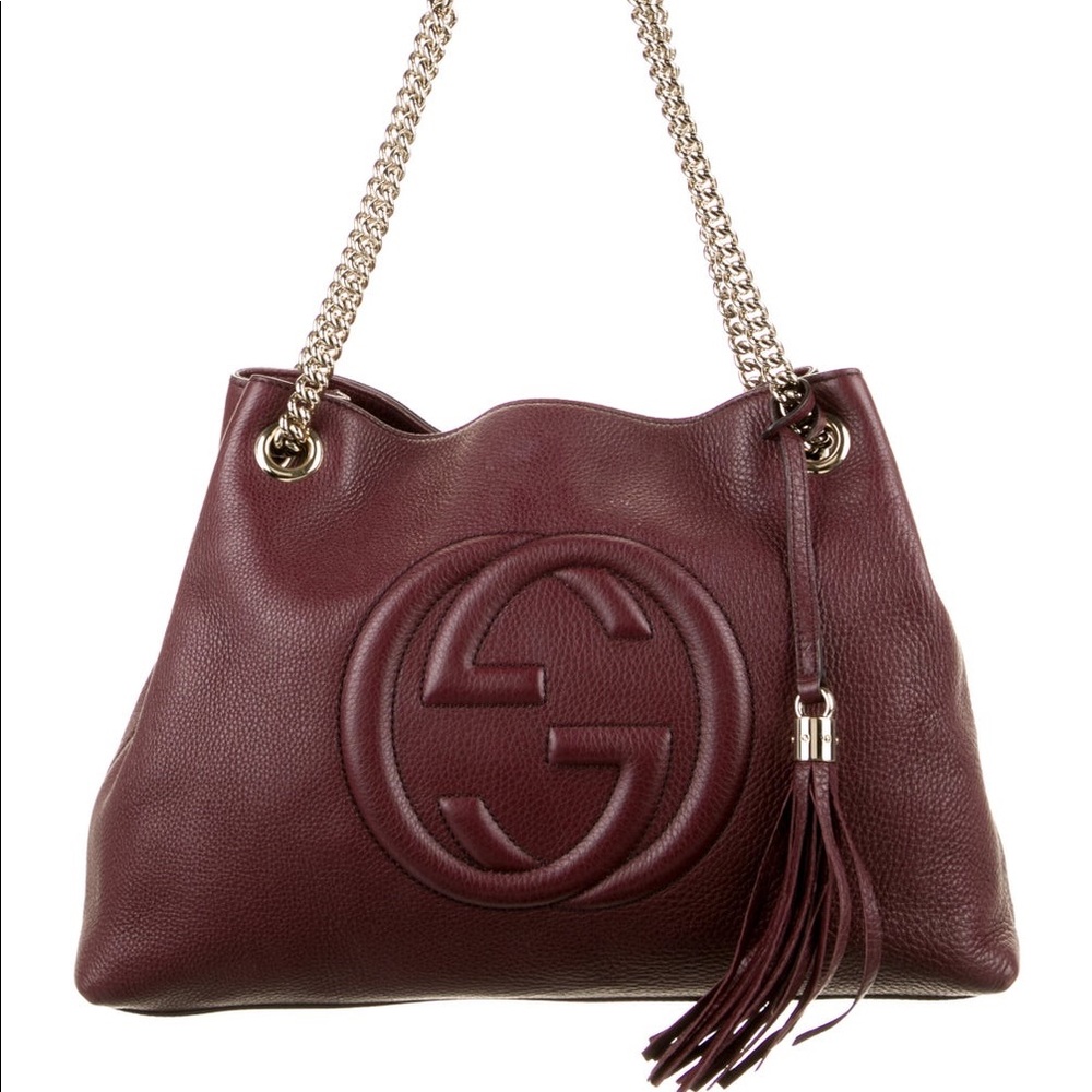 Like NEW Gucci Soho Medium Chain Burgundy Leather and Gg Leather Shoulder Bag